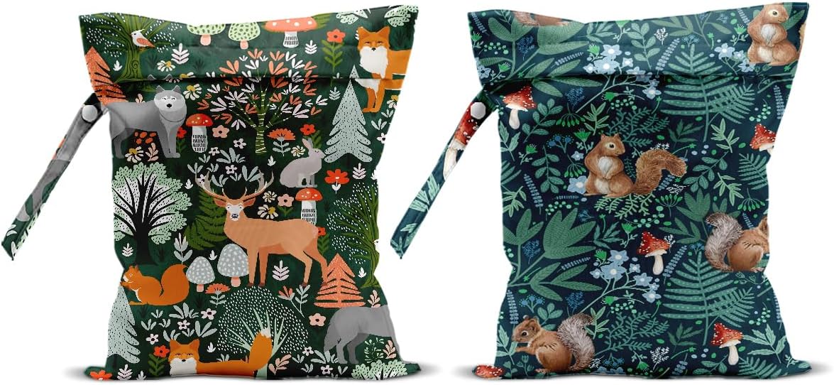2Pcs Forest Animal Wet Bags 12x10 Inch, Cottage Core Botanical Waterproof Travel Laundry Bags, Squirrel Fox Wolf Reusable Wet Dry Bag for Swimsuit Pool Beach Diapers Dirty Yoga Gym Clothes