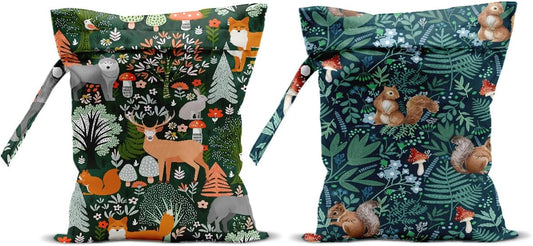 2Pcs Forest Animal Wet Bags 12x10 Inch, Cottage Core Botanical Waterproof Travel Laundry Bags, Squirrel Fox Wolf Reusable Wet Dry Bag for Swimsuit Pool Beach Diapers Dirty Yoga Gym Clothes