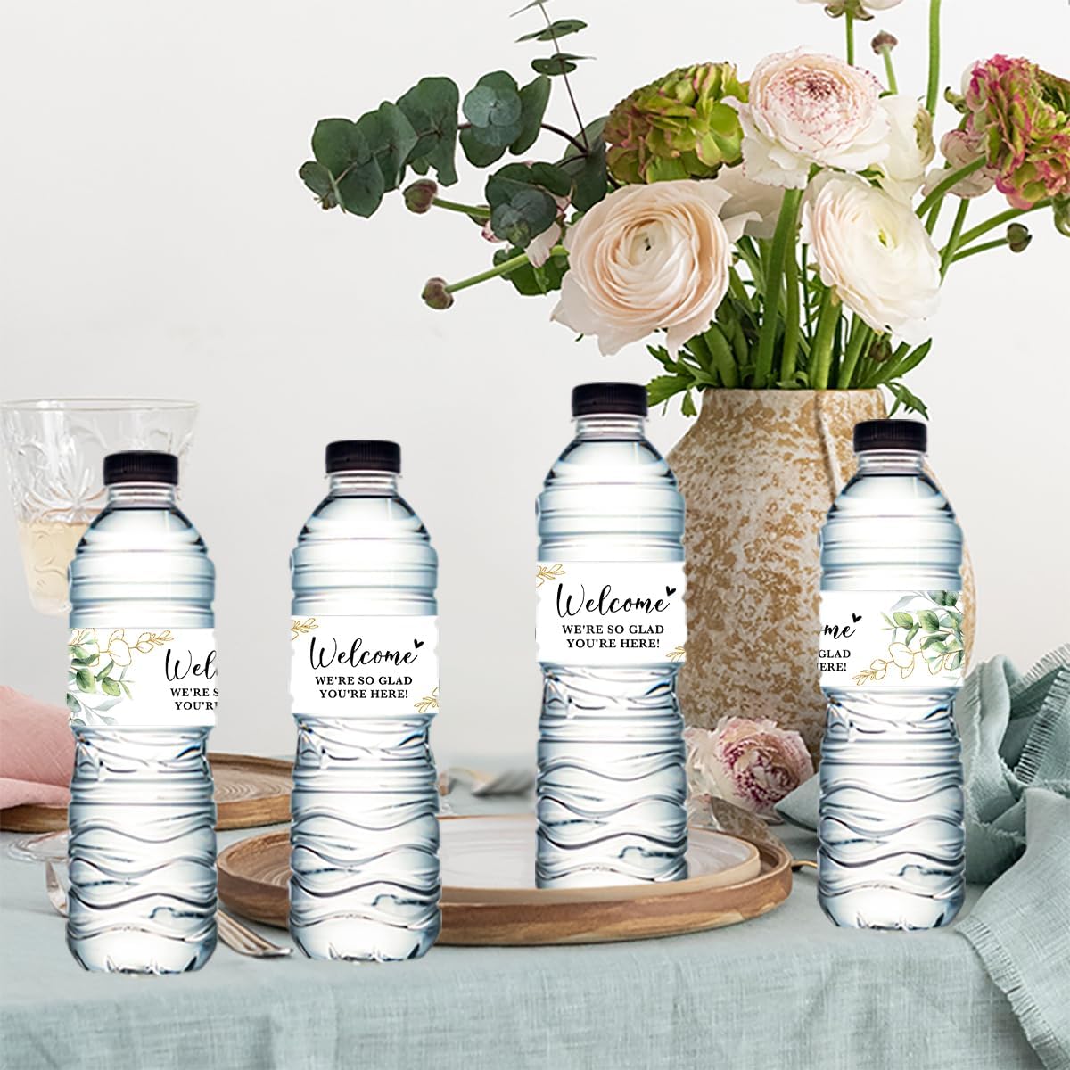 100PCS Wedding Water Bottle Labels Waterproof Greenery Floral Wraps Sticker for Water Bottle Baby Shower Bottle Label for Bridal Shower Party Welcome (Eucalyptus)