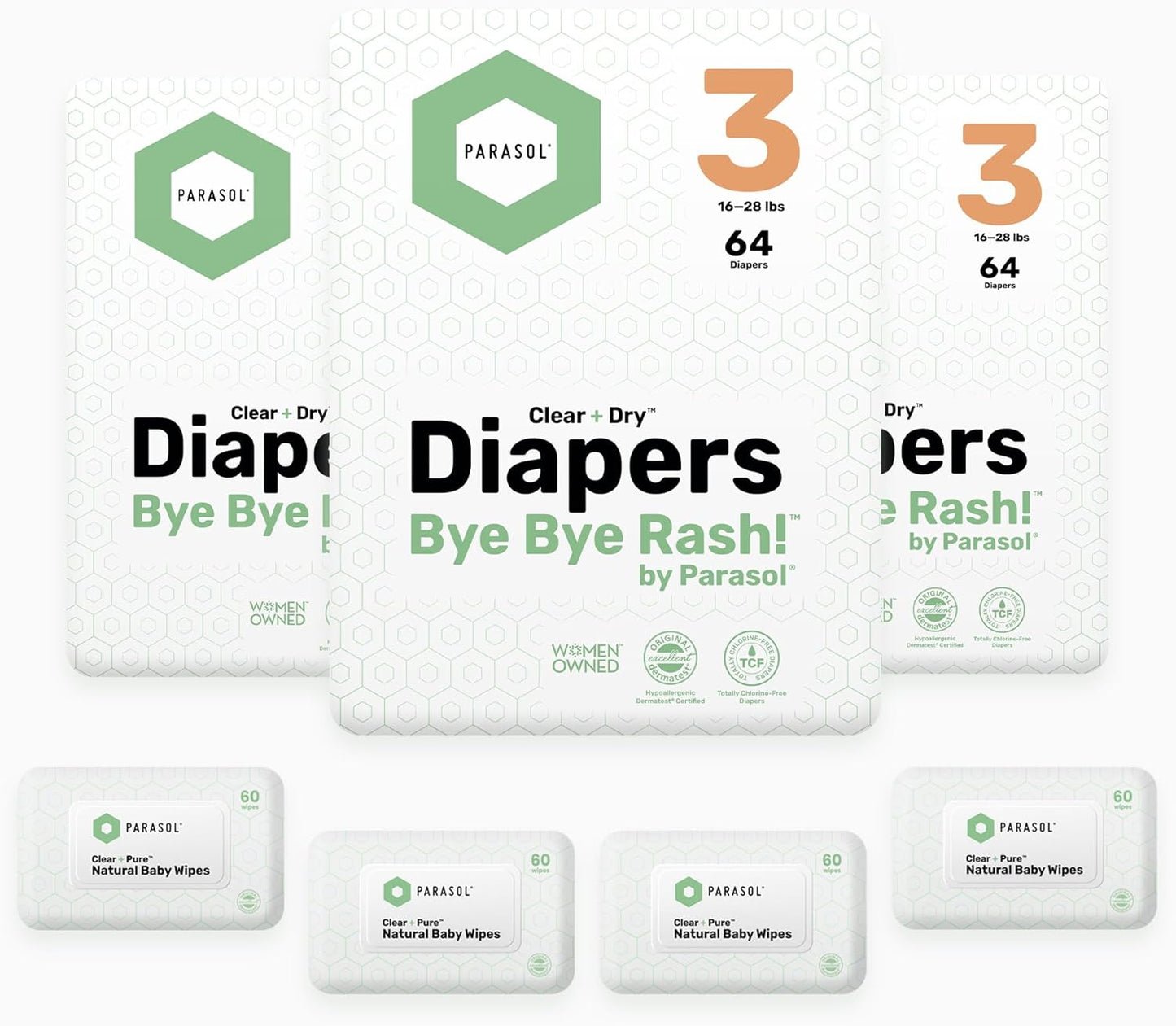Parasol Clear+Dry Disposable Diapers and Clear+Pure Wipes, RashShield Protection, Size 3 (16-28 lbs), Diaper Bundle of 192 Diapers & 240 Wipes