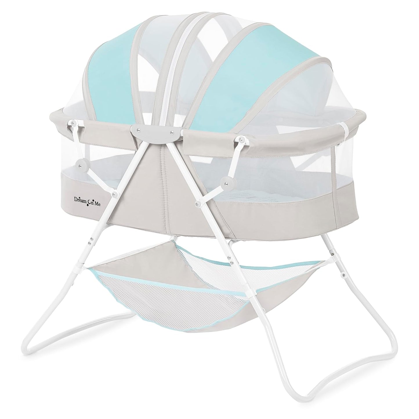 Dream On Me Karley Bassinet in Blue & Grey, Lightweight Portable Baby Bassinet, Quick Fold and Easy to Carry , Adjustable Double Canopy, Indoor and Outdoor Bassinet with Large Storage Basket.
