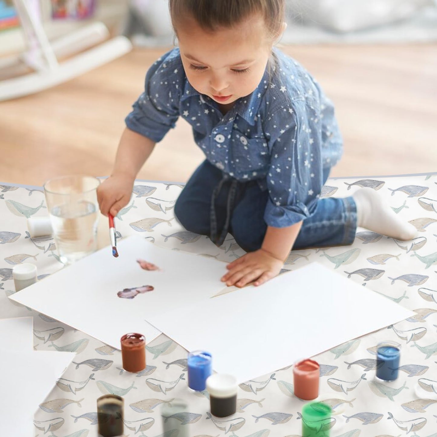 Baby Splat Mat for Under High Chair, 51 x 51 Inch Wipeable Splash Mat，Floor Protector，Wipe-Clean Tablecloth and Playing Mat (Whale)