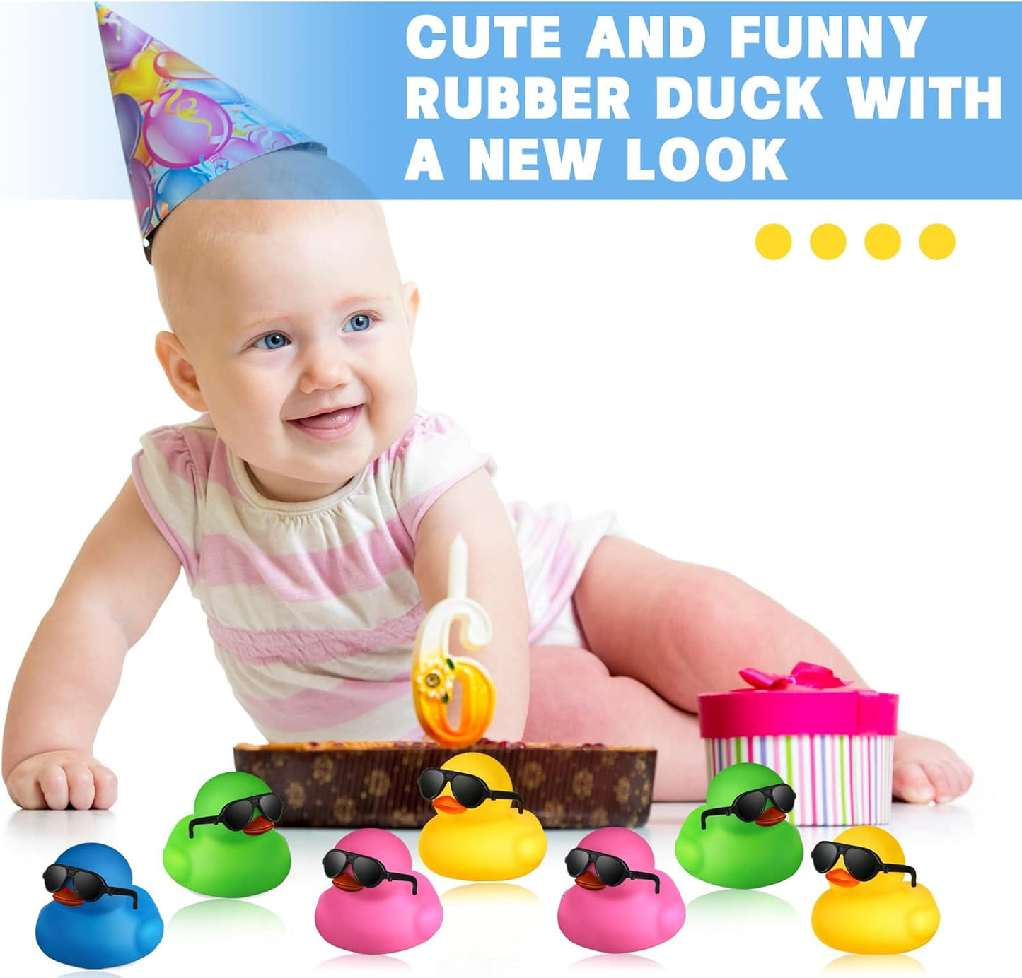 24 Pcs Mini Rubber Ducks with Sunglasses, Rubber Ducks in Bulk Valentine Bathtub Toys for Cruise Valentines Kids Classroom Gift Exchange(Eyeglasses,Mixed Colors)