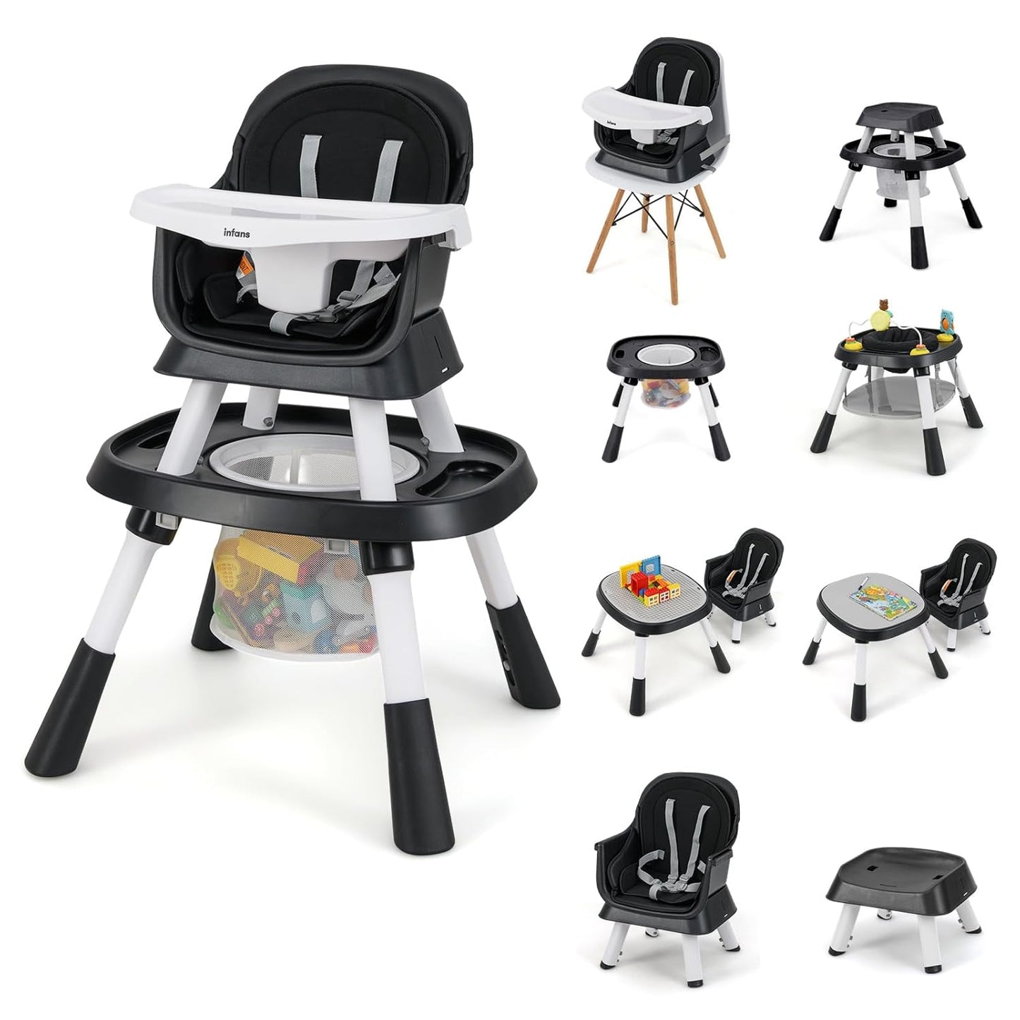 INFANS 9 in 1 High Chair, Convertible Baby Highchair for Babies and Toddlers, Table and Chair Set Building Block Infant Dining Booster Seat, Kids Stool with Activity Children Play Kitchen(Black)