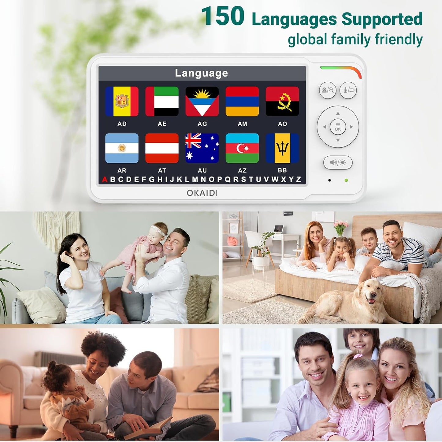 OKAIDI Baby Monitor with 2 Cameras and Audio, Video Baby Monitor with 6'' IPS Split-Screen, 1000ft Baby Camera Monitor with 30-Hour Battery, 150 Languages, ECO Mode, 2-Way Talk, No WiFi