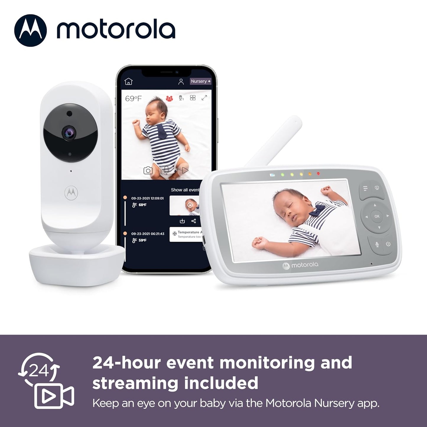 Motorola Nursery Baby Monitor with Camera and Audio, 4.3" Screen VM44 with WiFi, Long Range, Zoom/Tilt, Temperature Sensor, Lullabies, Night Vision