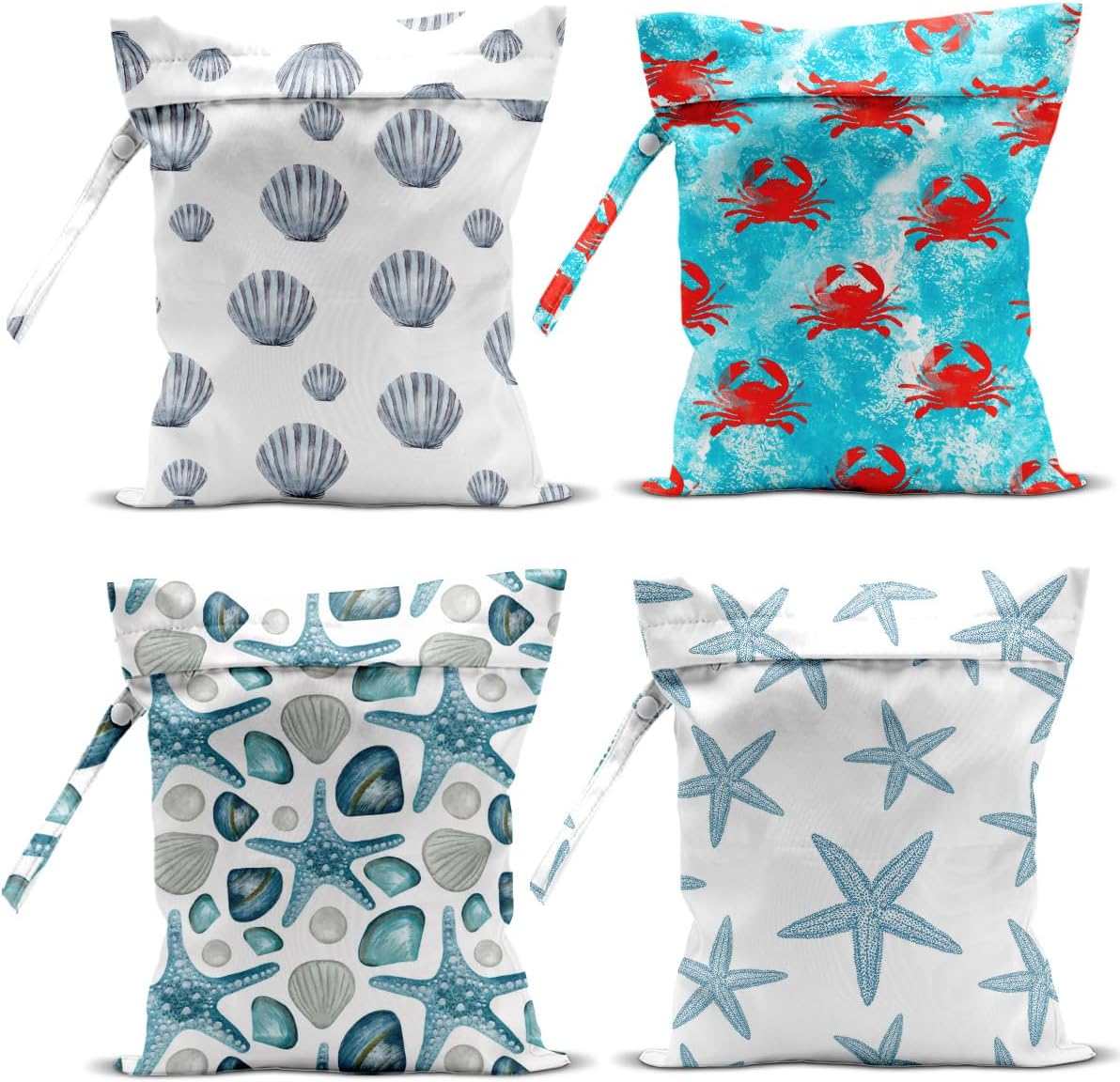 4Pcs Waterproof Wet Bag for Swimsuit, Travel Beach Wet Dry Bag, Hidden Zipper Reusable Shell Starfish Crab Decor, for Travel Beach Wet Swimsuits Toiletries Diapers Laundry Bag