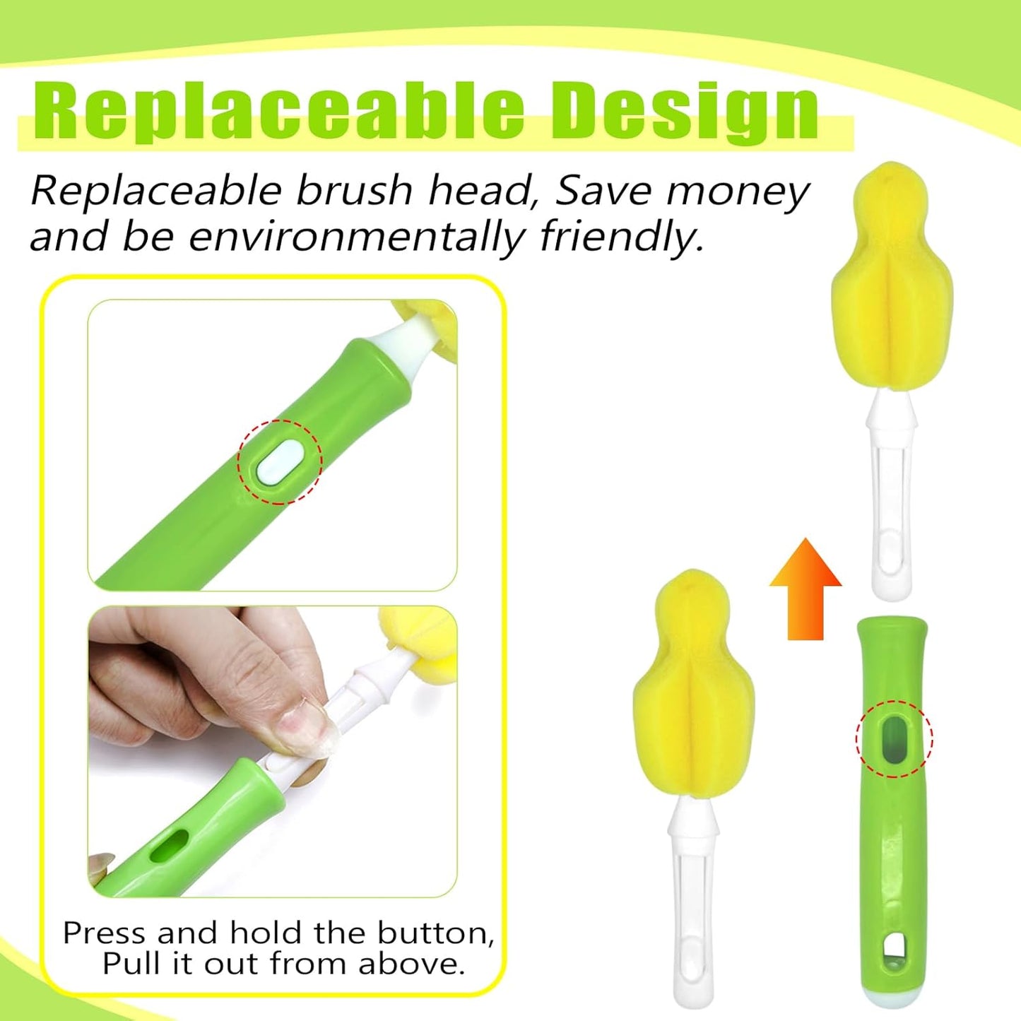 INVODA Nipple Brush 4PCS Sponge Bottle Brushes with 4 PCS Straw Brush Baby Bottle Nipple Cleaner Brush Long Handle Detachable Nipple Brushes (Yellow)