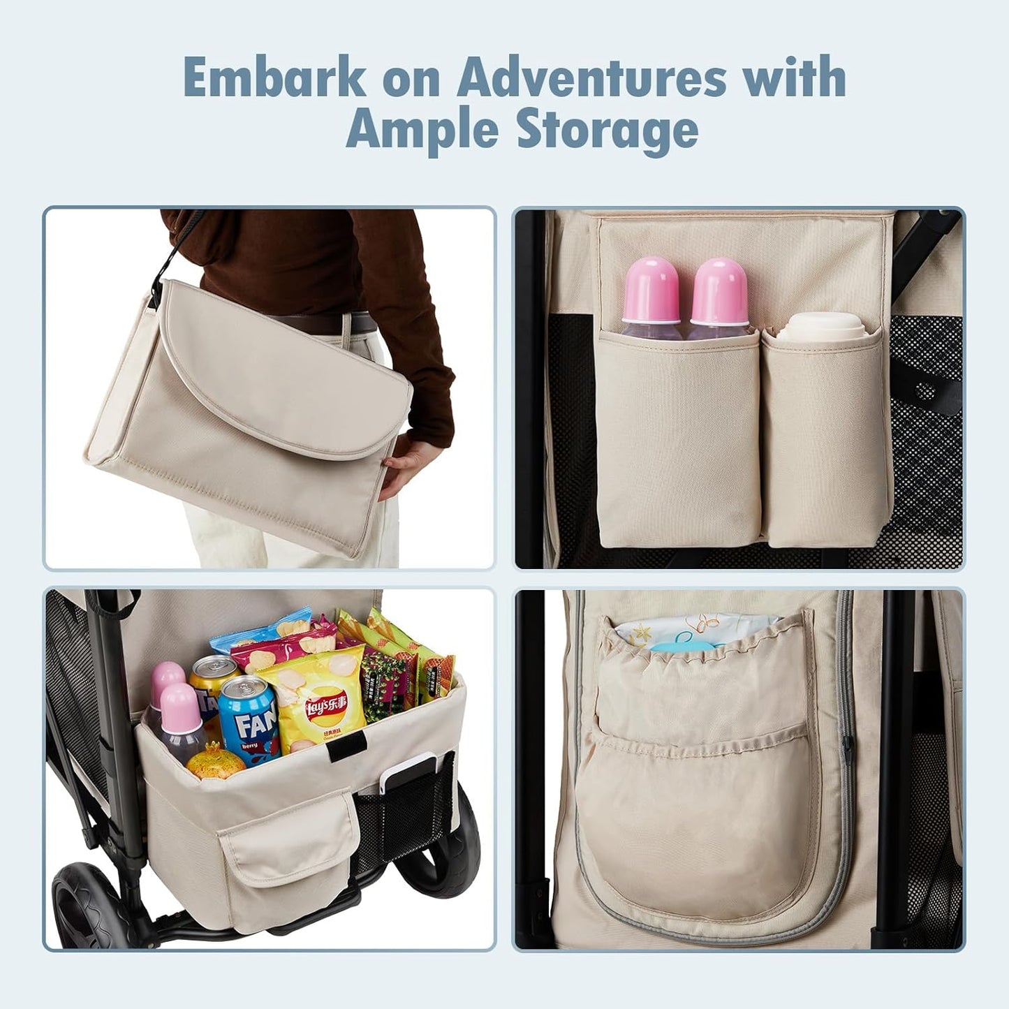 Wagon Stroller for 2 Kids, High Seat & 5 Point Harness, Foldable All-Terrain Wagon for Toddler with Canopy, Parent Organizer, Shoulder Bag, Adjustable Handlebar, Ultimate Double (Beige)