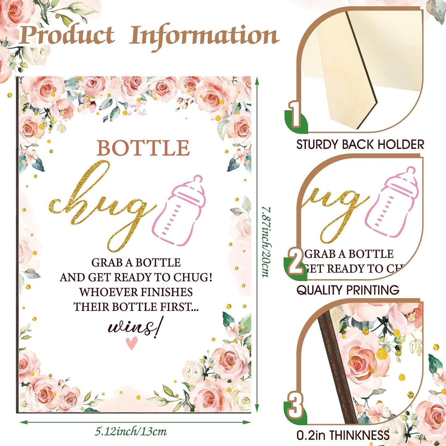 TrelaCo Floral Cool Baby Shower Games Bottle Chug Sign Wooden Floral Gift Sets Gender Reveal Party Favors and 12 Pcs Baby Bottle Shower Favor for Games Gender Reveal