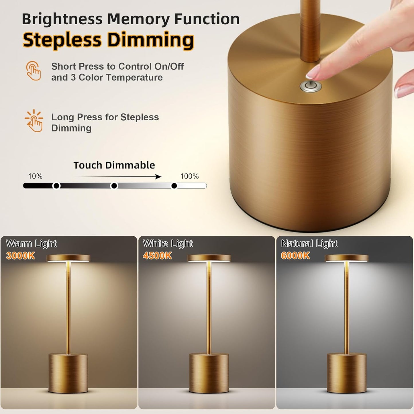 Cordless Table Lamps Rechargeable - Outdoor Portable LED Table Light 5000mAh Battery Operated Lamp 3 Color Stepless Dimming with Memory Function for Restaurant Dining Patio 2Pack Bronze