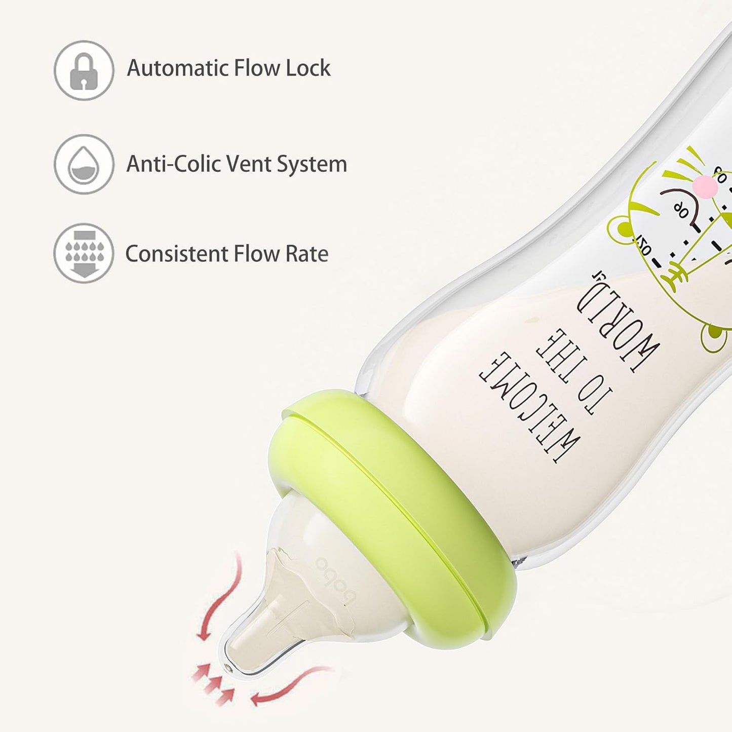 YOHKOH Natural Glass Baby Bottle with Natural Response Nipple, Newborn Anti-Colic Baby Bottles, Wide Neck Mushroom Cap Baby Bottle, Clear (8.8ounce (Pack of 2), Green1)