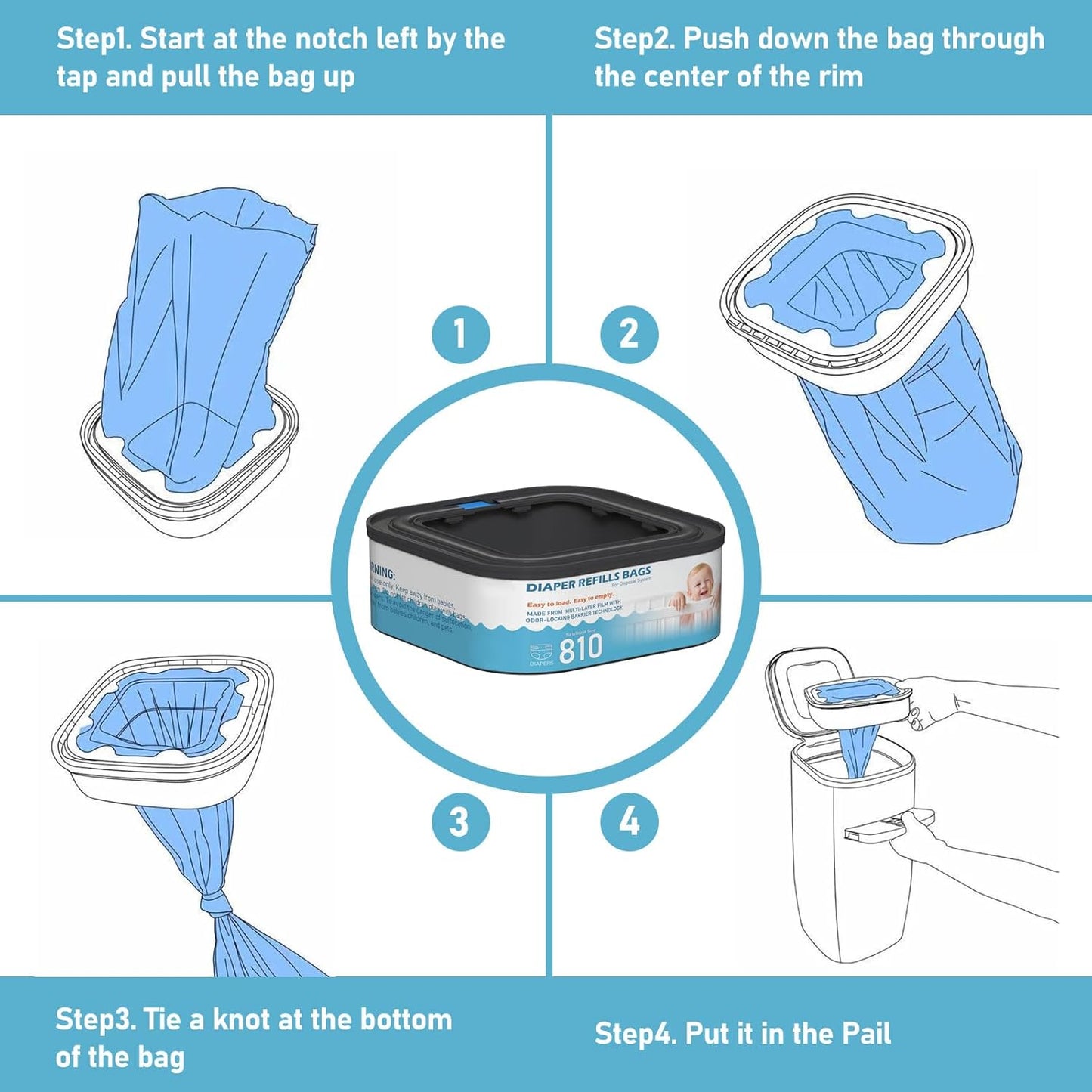 Jumbo Square Refills Disposal Bags Refill Compatible with Diaper Genie Classic, Compact and Select Pails, Hold Up to 810 Newborn-Sized Diapers Per Refill, 4 Packs