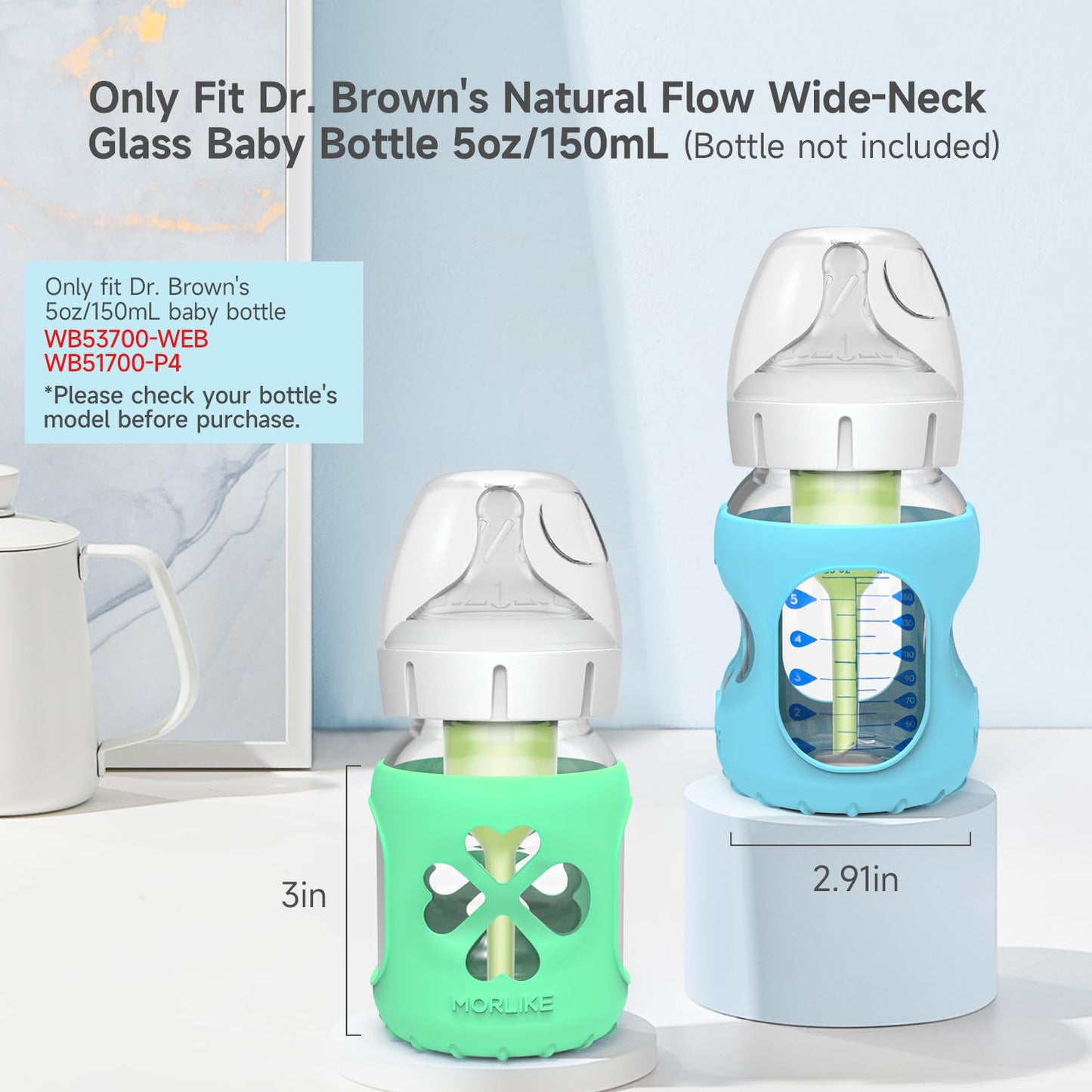 MORLIKE 4 Pack Silicone Sleeves Only Fit 5 oz/150 mL Dr. Brown's Wide Neck Glass Baby Bottle, 100% Silicone Covers Protect Baby Glass Bottle, Easy to Grip Bottle Holders for ‎WB53700-WEB ‎WB51700-P4