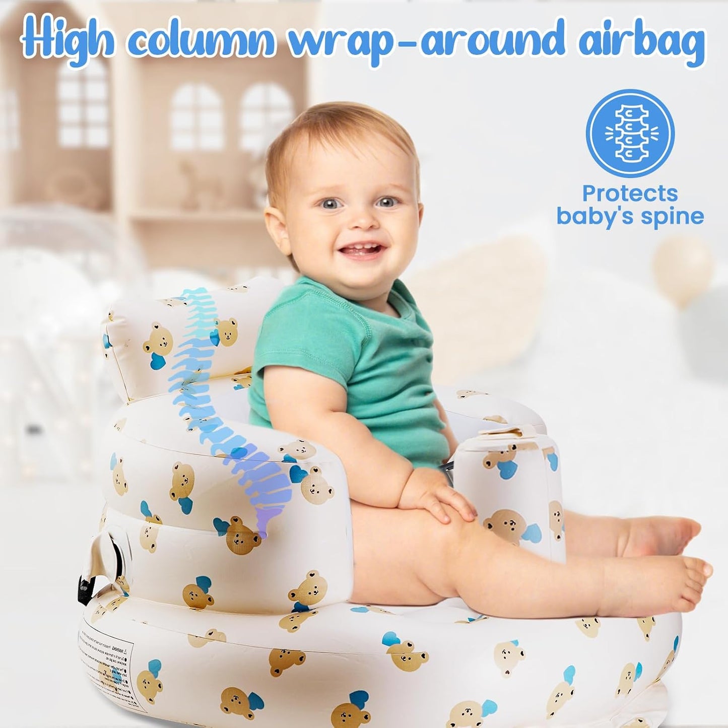Inflatable Baby Seat with 3-Point Safety Belt & Built-in Pump - Portable Infant Chair for Sitting Up, Travel, Home Use (Blue Love Bear Head)