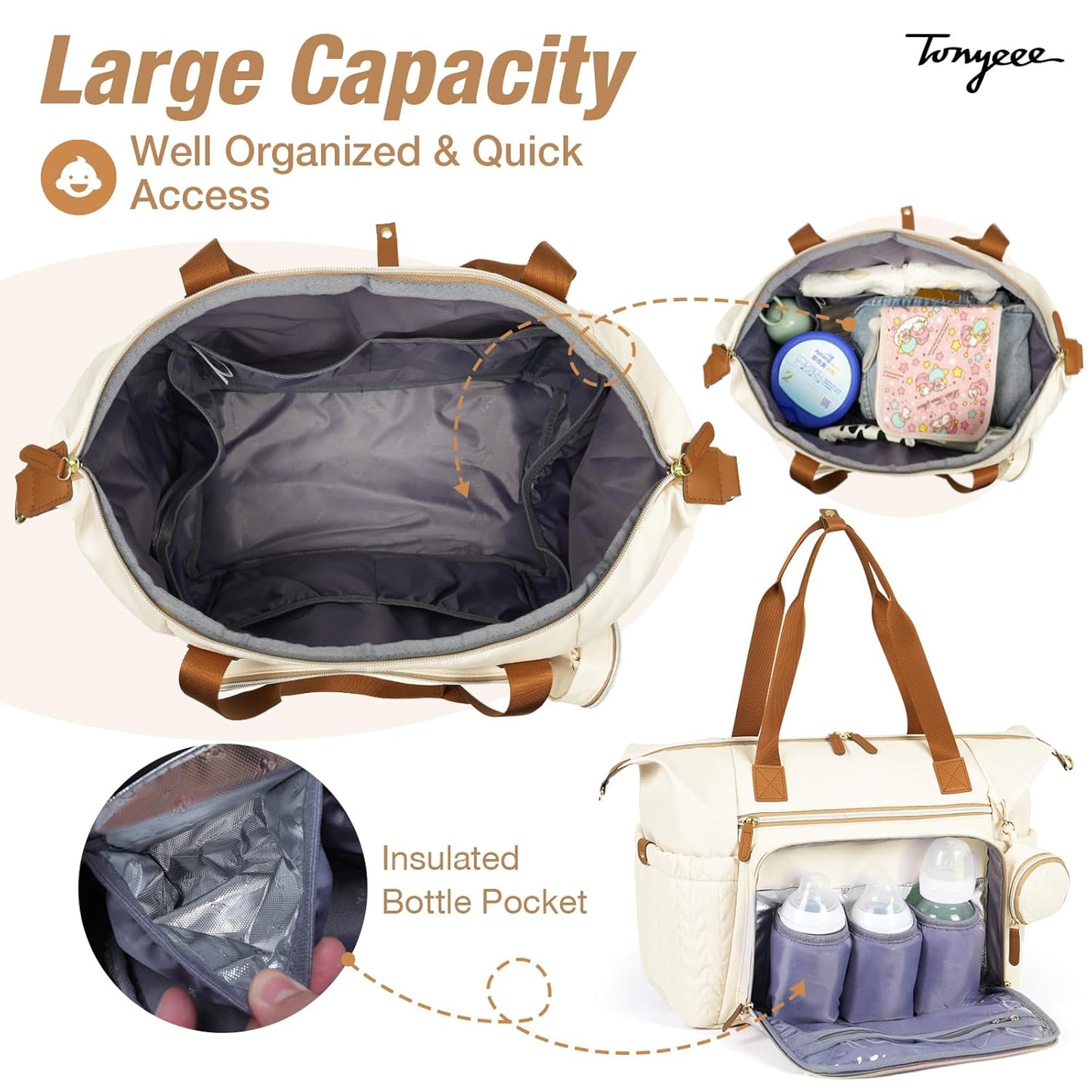 Diaper Bag Tote, Large Baby Diaper Bags Waterproof, Hospital Bag for Labor Delivery with Pacifier Case, Changing Pad, Shoulder Strap, Beige