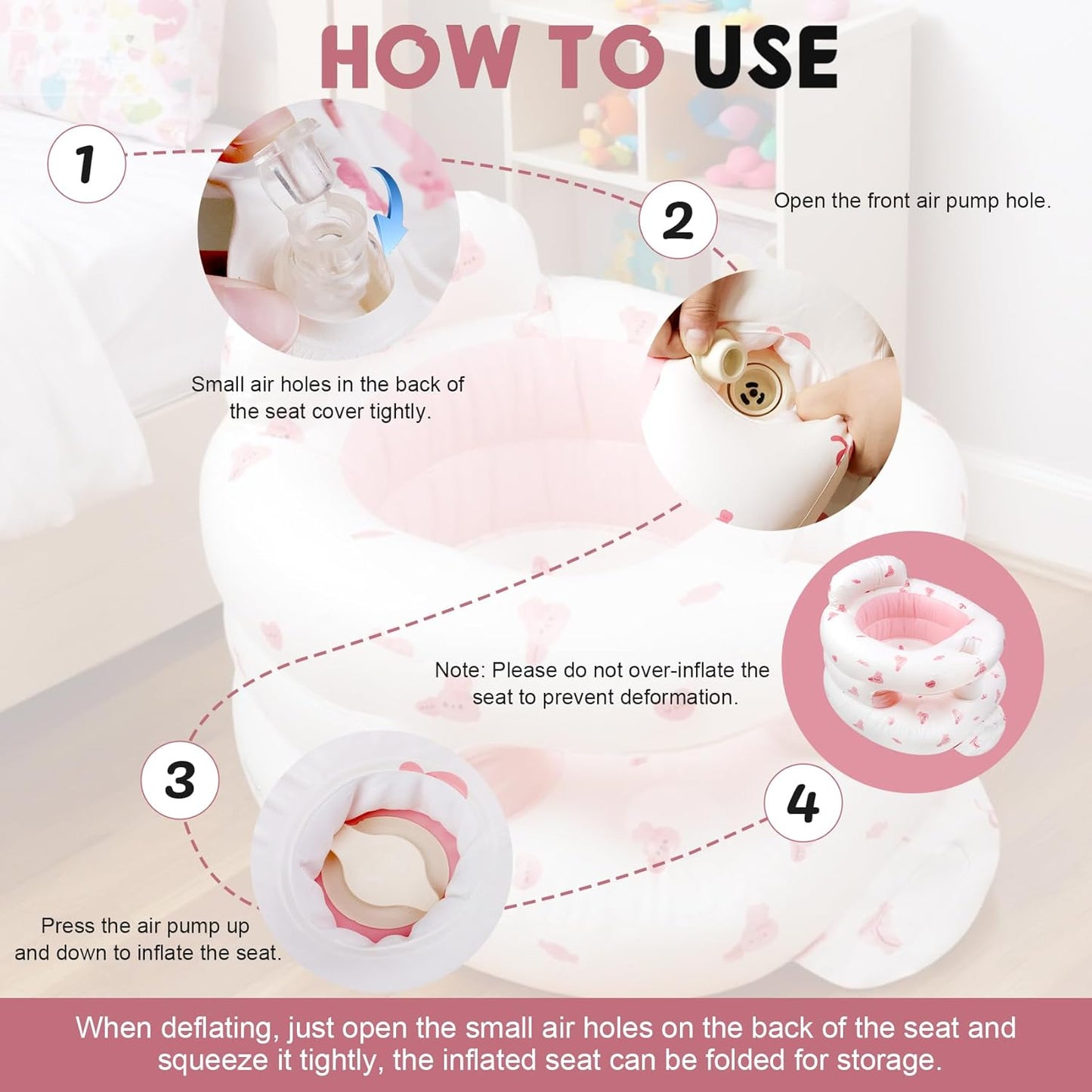 Inflatable Baby Seat for 3-36 Months Babies, Blow up Baby Chair with Built-in Air Pump, PVC Material, Full Enclosure Protection, Outdoor Travel Inflatable Chair for Infant, Pink Love Rabbit