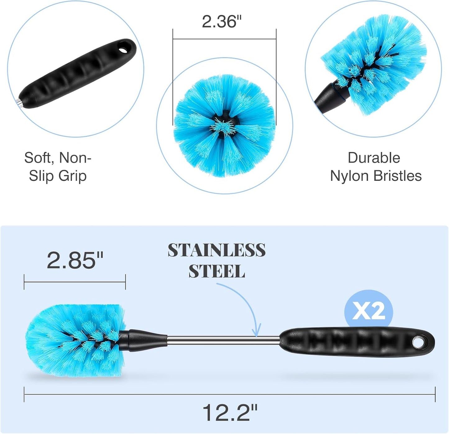 Water Bottle Brush Set, Long Handle 3-in-1 Stainless Steel Water Bottle Scrubbing Brush, Cleaning for Narrow Neck Bottles, Sport Bottles, Baby Bottles, Coffee Mugs, Tumblers, Flask(Short Size)