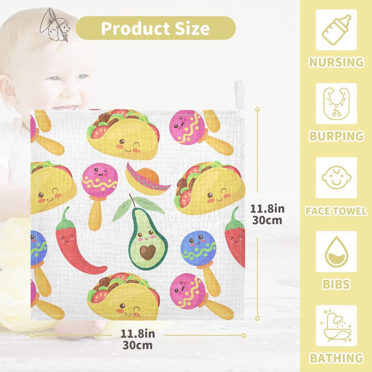 Funny Mexican Food Baby Muslin Washcloths Cute Cartoon Burp Cloths Soft Absorbent Baby Wash Cloth Fingertip Face Towels for Newborn Boys Girls 12 x 12 Inch, 3 Pack
