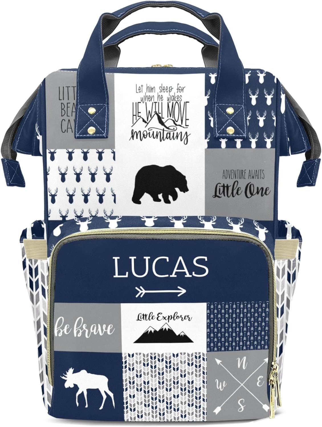 Woodland Bear Personalized Diaper Bag Backpack for Baby Boy with Name, Custom Nappy Nursing Bag for Moms Dads, Customized Gift, Large Capacity, Waterproof, Multifunctional