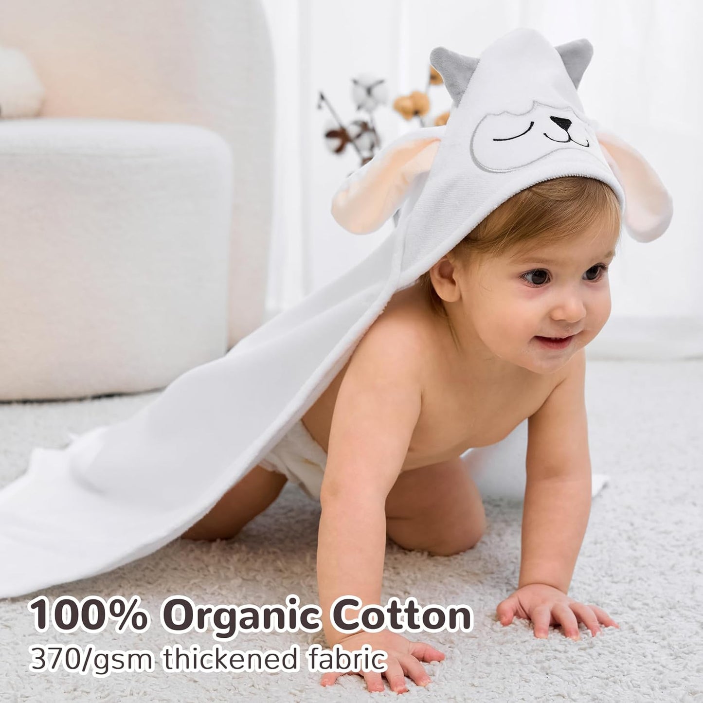 Viviland 2 Pack Hooded Baby Towels, Soft 100% Cotton Baby Bath Towels with Hood, Extra Thick and Absorbent, Essential for Newborns, Kids, Infants - Girls and Boys (Sheep & Purple Cat)
