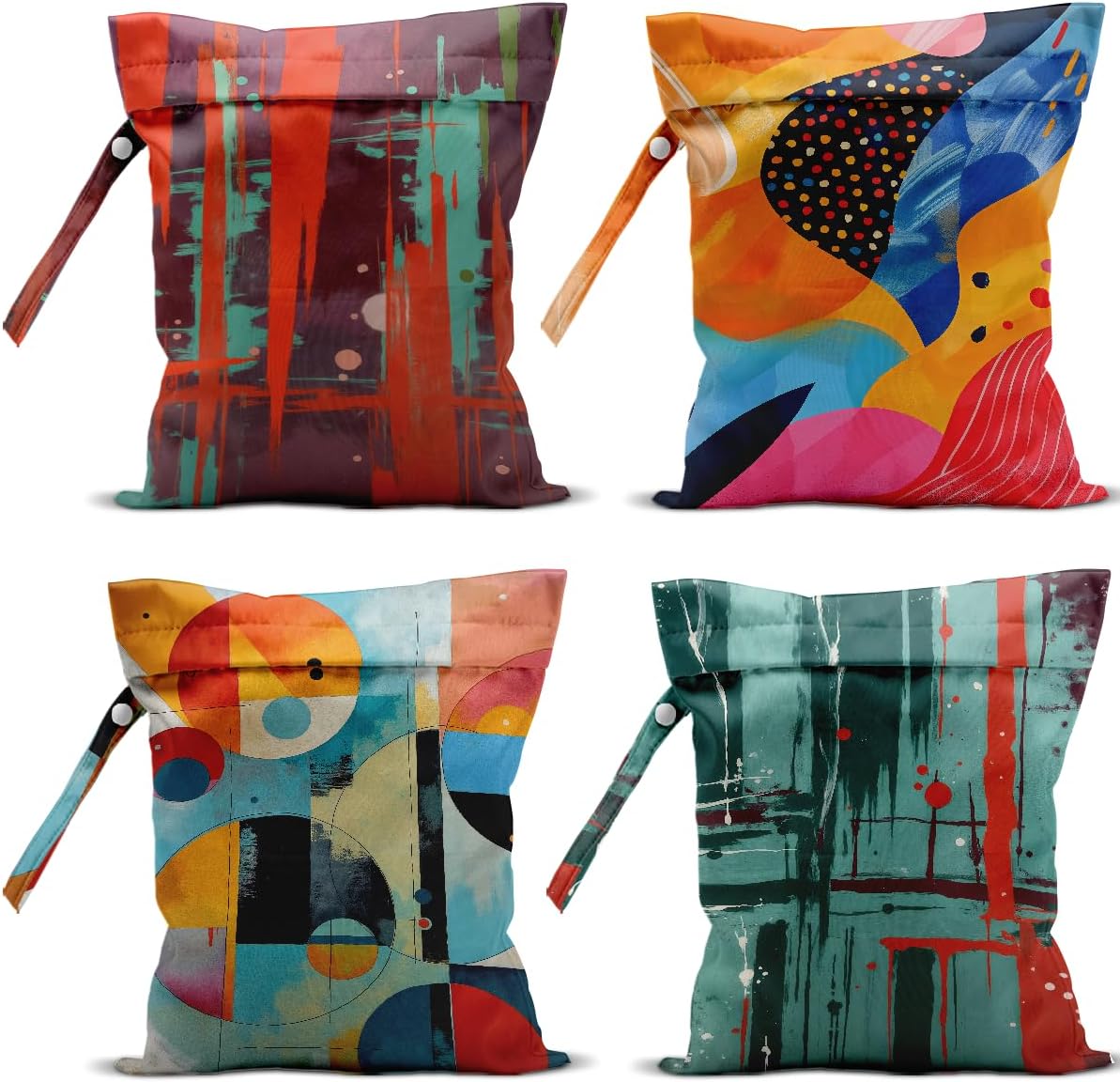 4 Pack Cute Wet Bag Waterproof Washable Reusable Wet Dry Bag for Swimsuit Dirty Clothes Diaper Travel Beach Gym Christmas Toiletries Beach Essentials，Abstract Red Blue Yellow Vivid Circular Decor