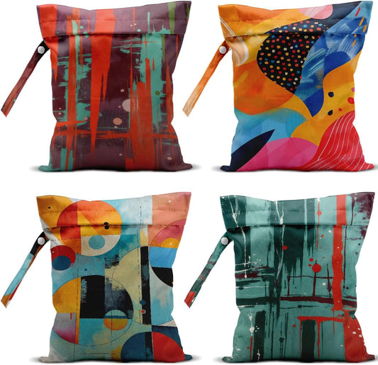 4 Pack Cute Wet Bag Waterproof Washable Reusable Wet Dry Bag for Swimsuit Dirty Clothes Diaper Travel Beach Gym Christmas Toiletries Beach Essentials，Abstract Red Blue Yellow Vivid Circular Decor