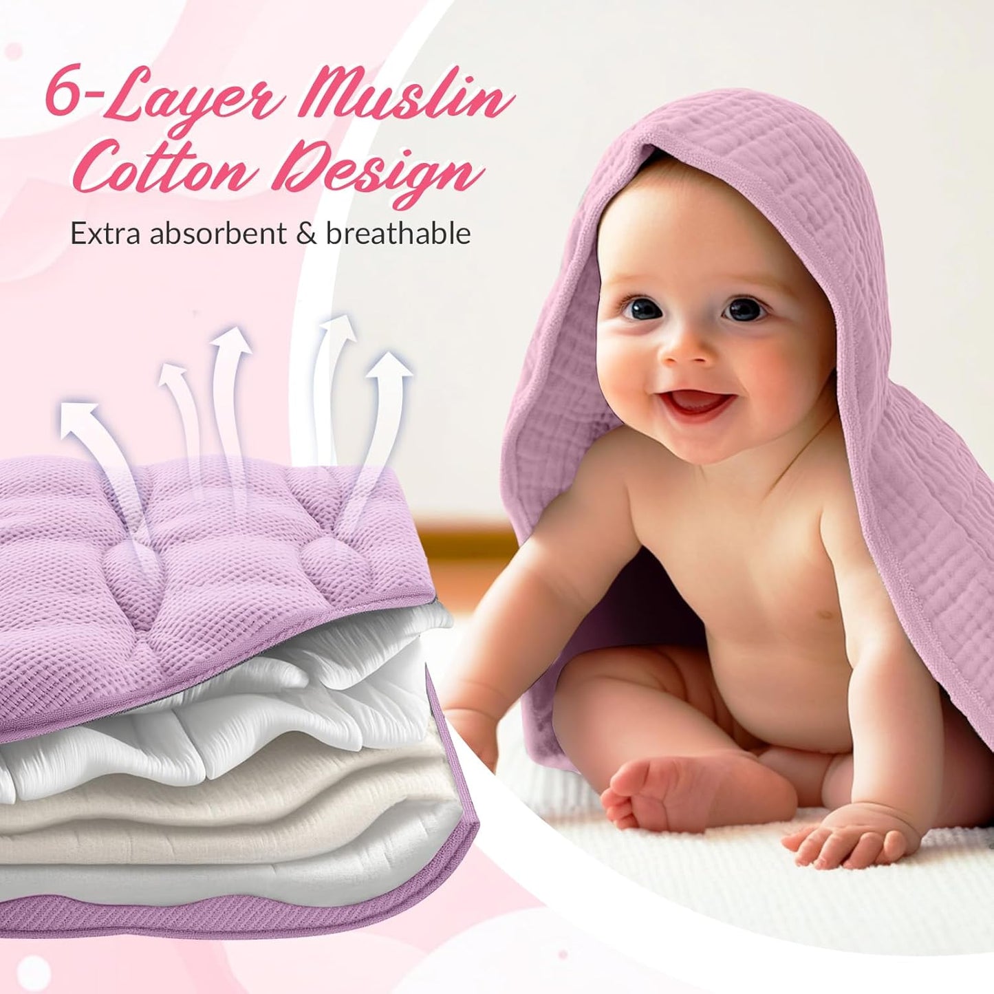 6 Pcs Muslin Hooded Bath Towels Washcloths and Bibs Set, Muslin Cotton Baby Towels Absorbent Hooded Blanket Towel Infant Bibs for Boys Girls Newborn Infant Essentials(White,Pink)