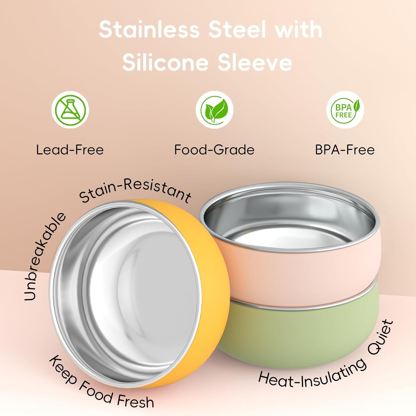 Bella's Friends Stainless Steel Baby Bowls with Silicone Sleeve 3 Pack, 5” for Toddlers Kids Feeding, Non-Slip, Non-Toxic, Mess-Free, Dishwasher Safe, Fit High Chair Size