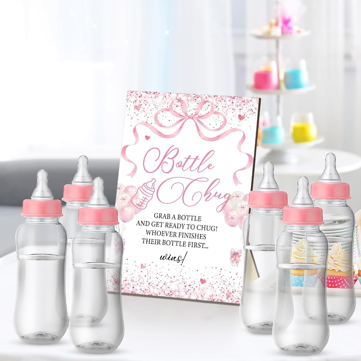 TrelaCo Cool Baby Shower Games Bottle Chug Sign and 12 Pcs Baby Bottle Shower Favor Baby Bottles for Baby Shower Games Gender Reveal (Pink Bow)