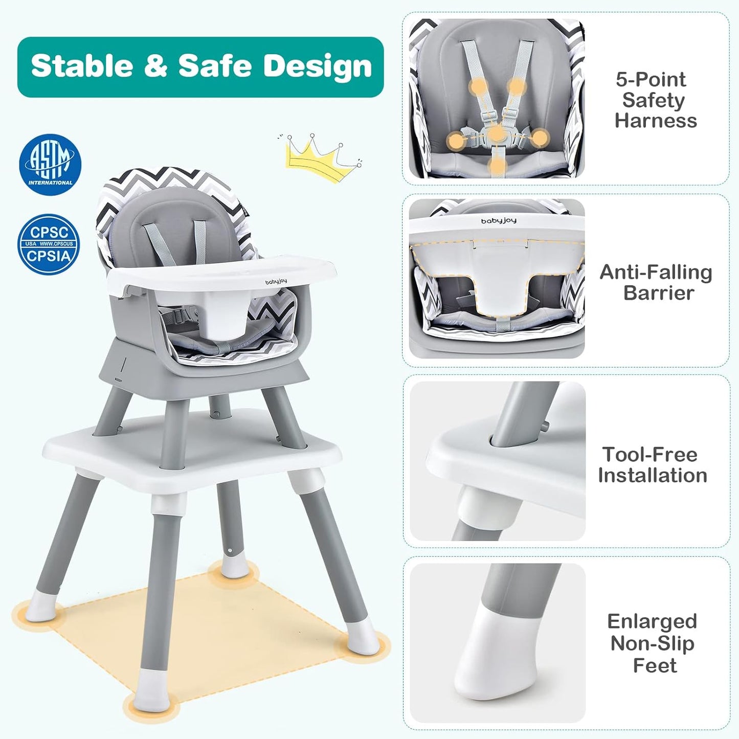 BABY JOY Baby High Chair, 8 in 1 Convertible Highchair for Babies & Toddlers | Booster Seat | Table and Chair Set | Building Block Table | Toddler Chair with Safety Harness, Removable Tray (Chevron)