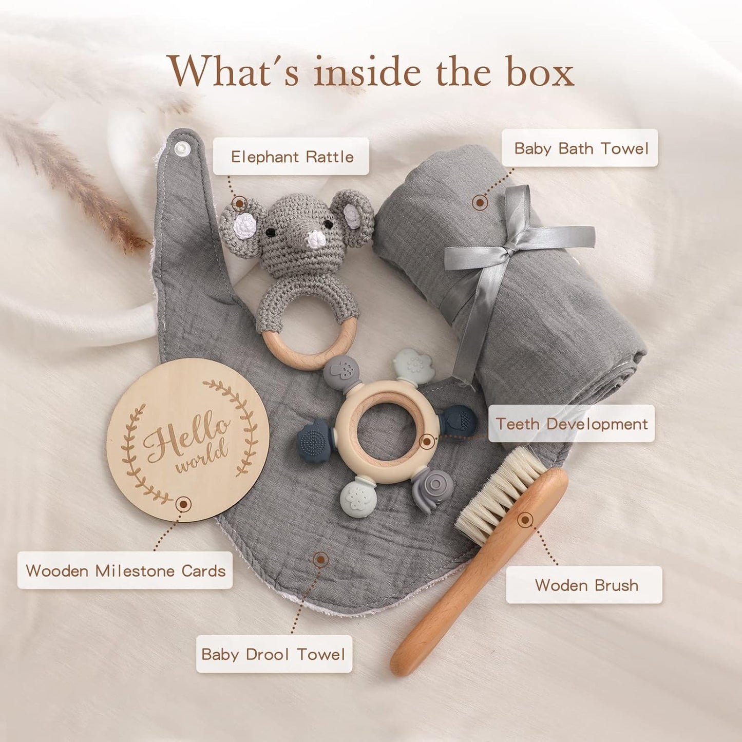 YOUUYS Baby Gift Set for Newborn - Baby Essential Bath Basket Gift Set with Baby Blanket Baby Rattle Teether Toy & Hair Brush Newborn Shower Gift for Baby Girls Boys 6PCS (Elephant)