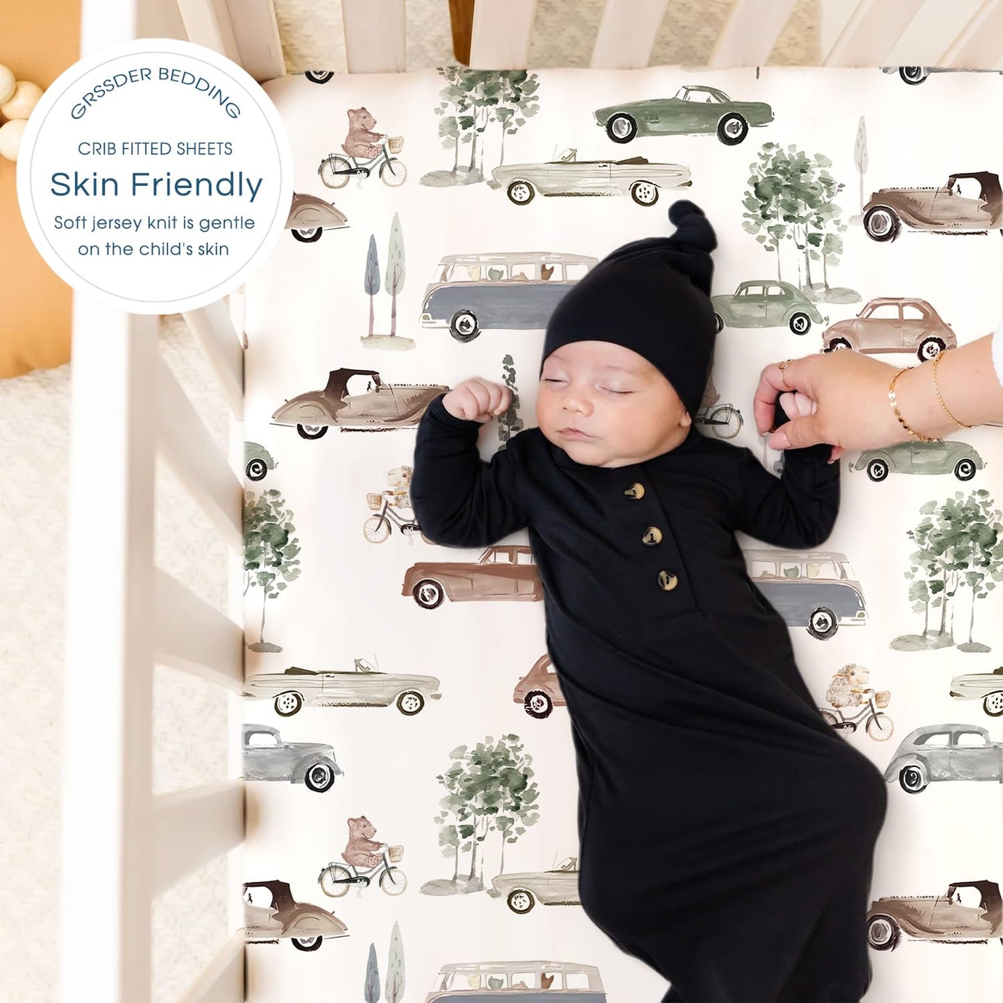 GRSSDER Stretchy Ultra Soft Jersey Knit Fitted Crib Sheets Set 2 Pack, Universal Fitted All Standard Crib Mattress Pads Safe and Snug, Crib Fitted Sheet for Baby, Neutral Pattern of Cartoon Cars Print