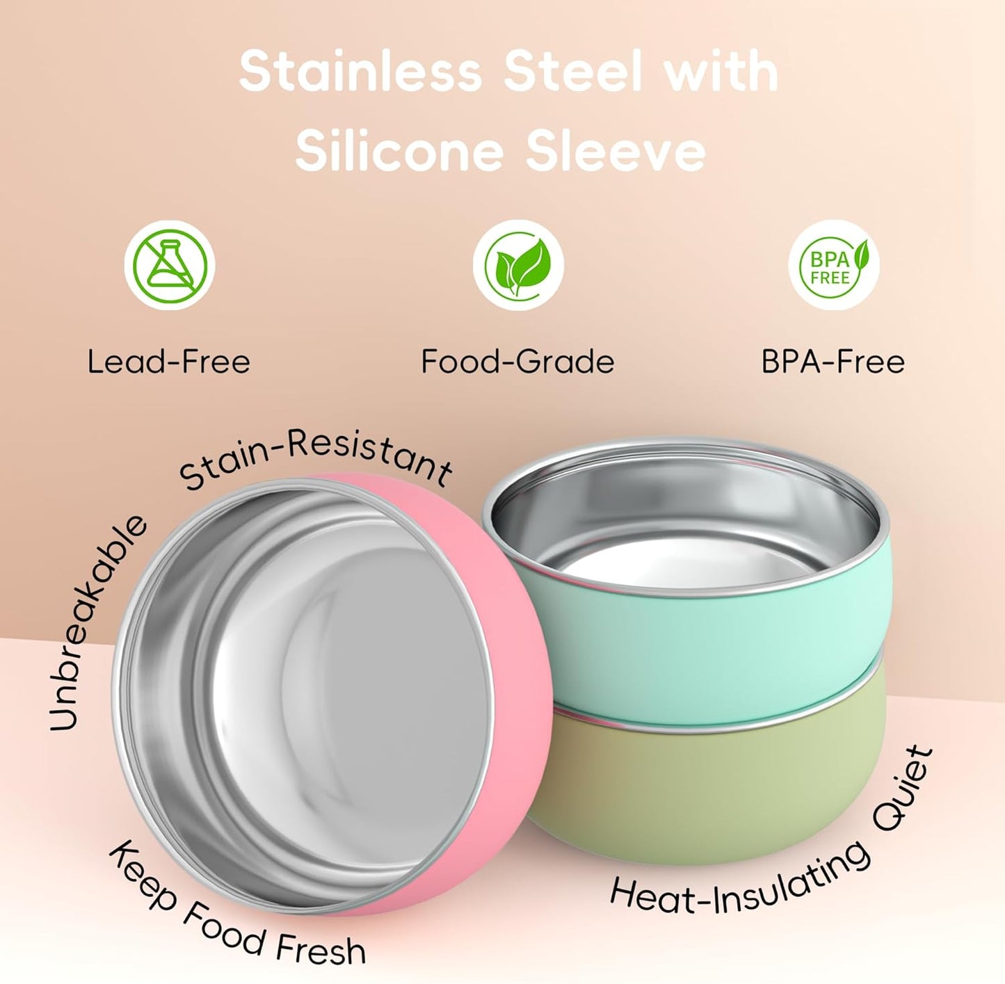 Bella’s Friends Stainless Steel Baby Bowls with Silicone Sleeve 3 Pack, 4.3” for Toddlers Kids Feeding, Non-Slip, Non-Toxic, Mess-Free, Dishwasher Safe, Fit High Chair Size,pink mint green light green