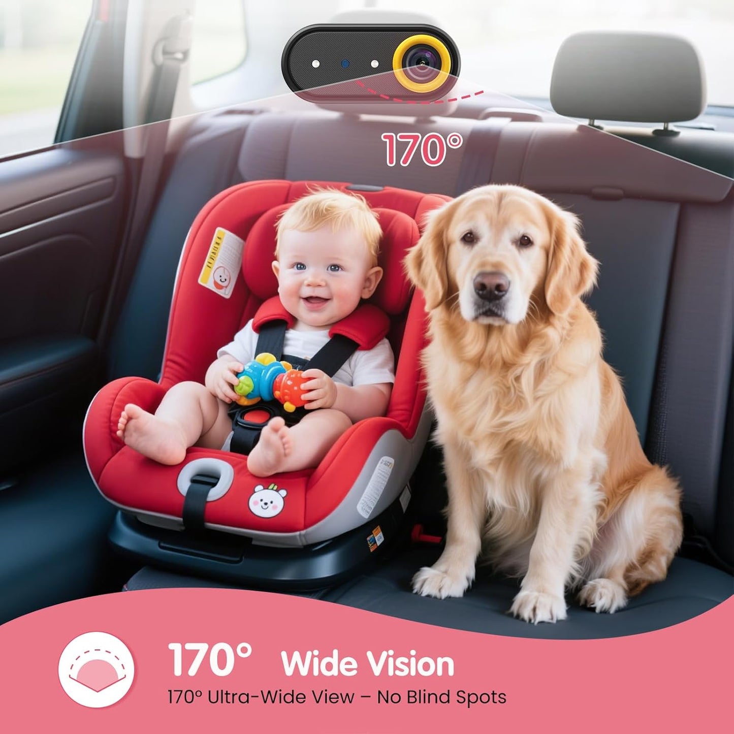 BM2A Baby Car Camera, Night Vision & 5.2" 1080P Display for Rear-Facing Car Seats, Easy No-Damage Install, Patented Anti-Shake Mount – Ideal for Parents and Pet Owners