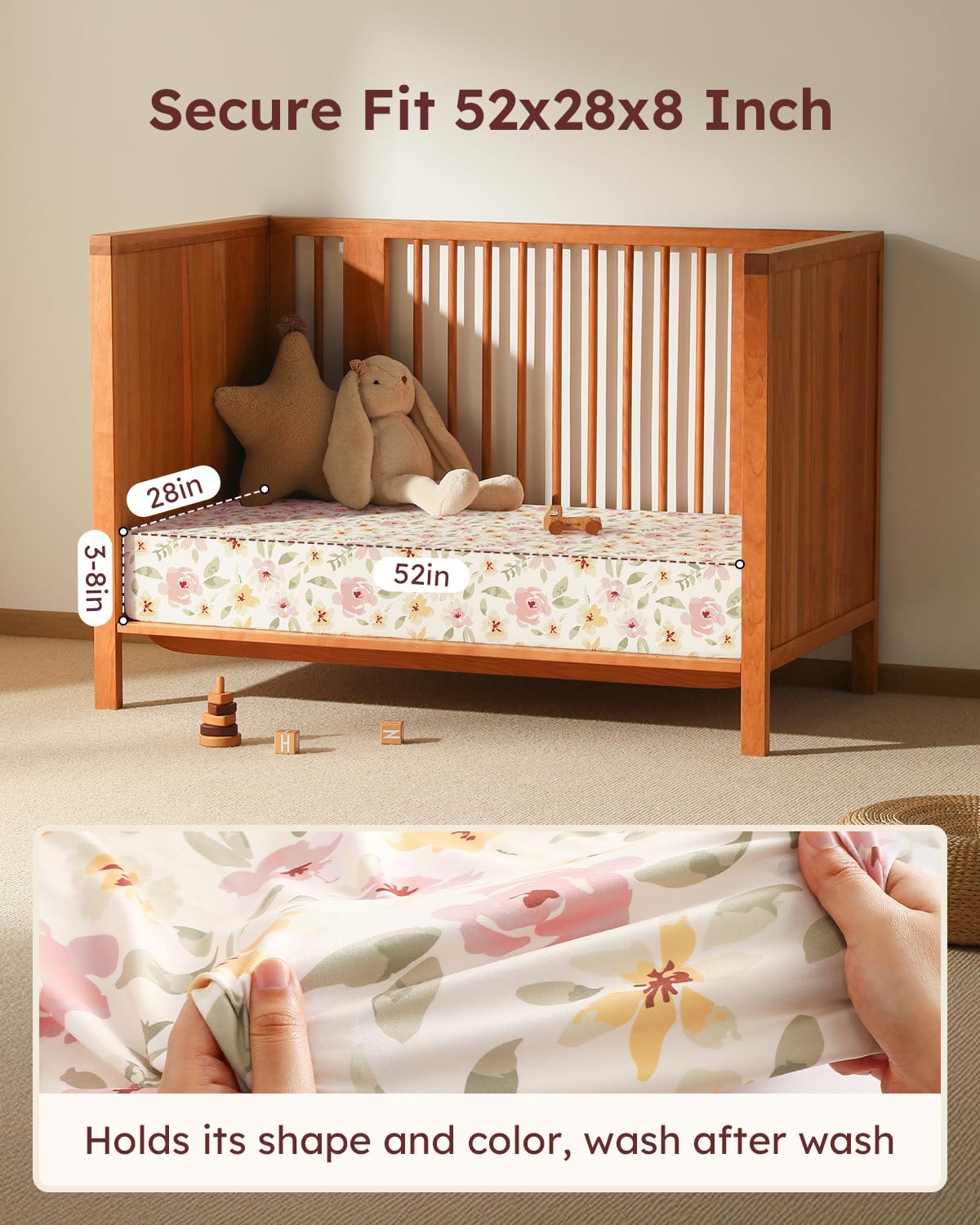Baby Crib Sheets for Boys Girls, 28x52x8in Fitted Crib Sheet Neutral 3 Pack for Standard Crib and Toddler Mattress, Breathable Soft Microfiber Baby Sheet Pink Flowers & Leaf