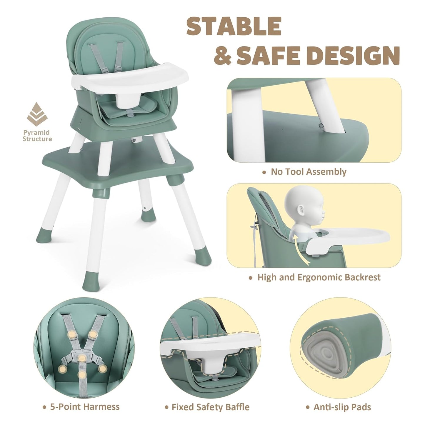 Baby High Chair, 8 in 1 Convertible Highchairs for Babies and Toddlers, Children Dining Booster Seat/Kids Building Block Table for Girls Boys, Baby Seat with Removable Tray, Green