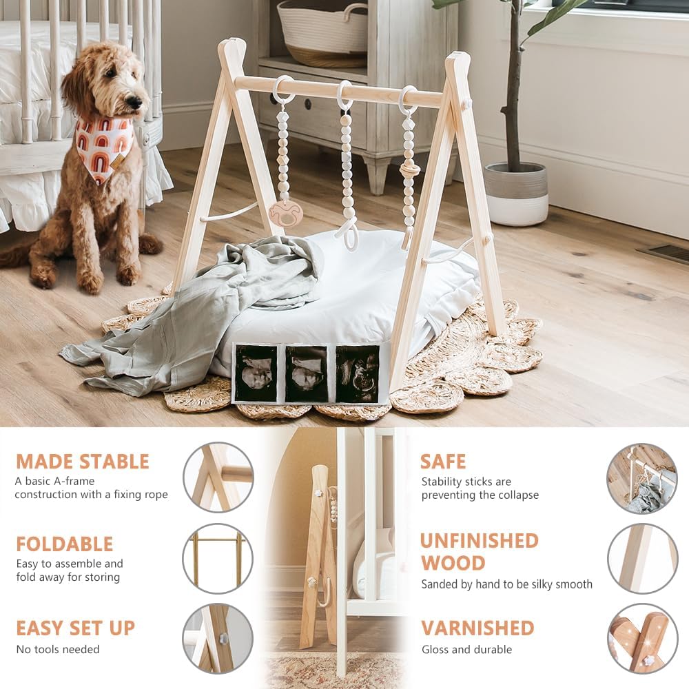 little dove Foldable Wooden Play Gym with 6 Toys - Infant Activity Gym for Baby Girls and Boys with Hanging Bar - Montessori Newborn Gift