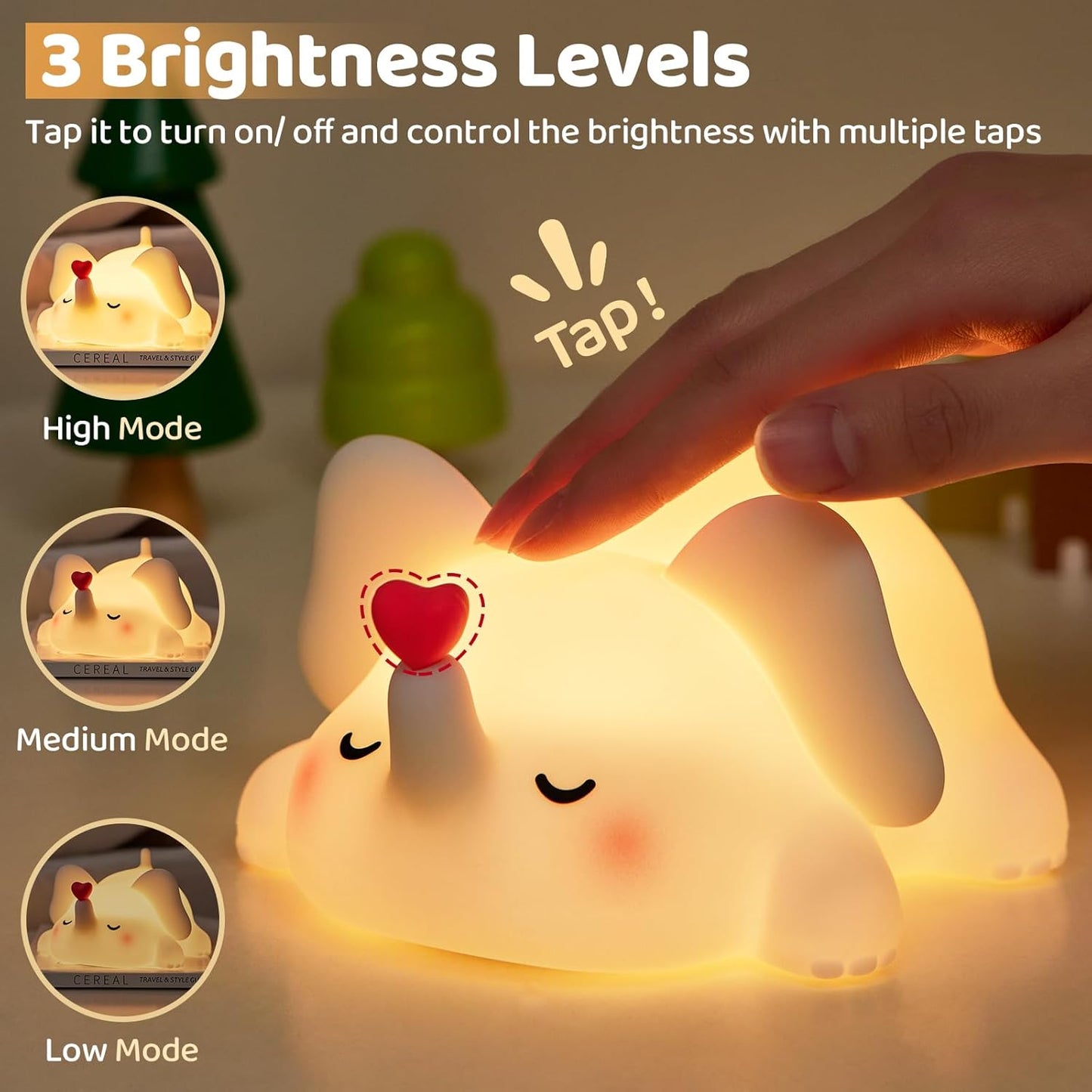 Luditek Sweet Heart Elephant Night Light, 3 Levels Brightness Silicone Rechargeable Touch Nursery Lamp, Decor for Bedroom Home Bedside, Elephant Gifts for Women Kids Baby Girls Birthday Mothers Day