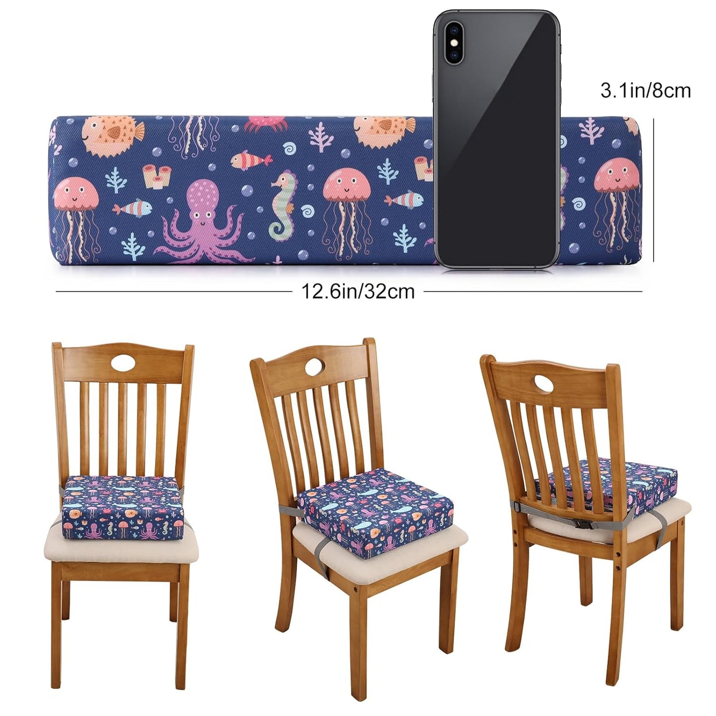 Zicac Portable Toddler Booster Seat for Dining Table, Safer Non-Slip Kids Booster Seat with Double Adjustable Straps, Washable Detachable Strong Support Increasing Cushion for Child (Purple Octopus)