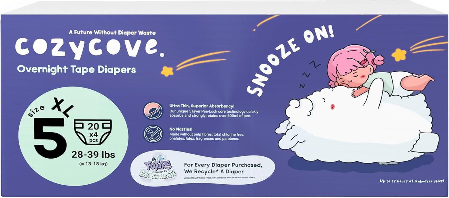 Cozycove Size 5 Diapers, Snooze On Slim Overnight Tape Diapers, Size 5 (28-39 lbs), 80 Count (4 Packs of 20)