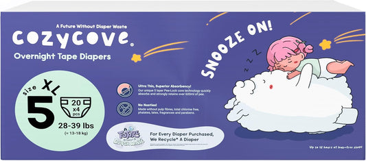 Cozycove Size 5 Diapers, Snooze On Slim Overnight Tape Diapers, Size 5 (28-39 lbs), 80 Count (4 Packs of 20)