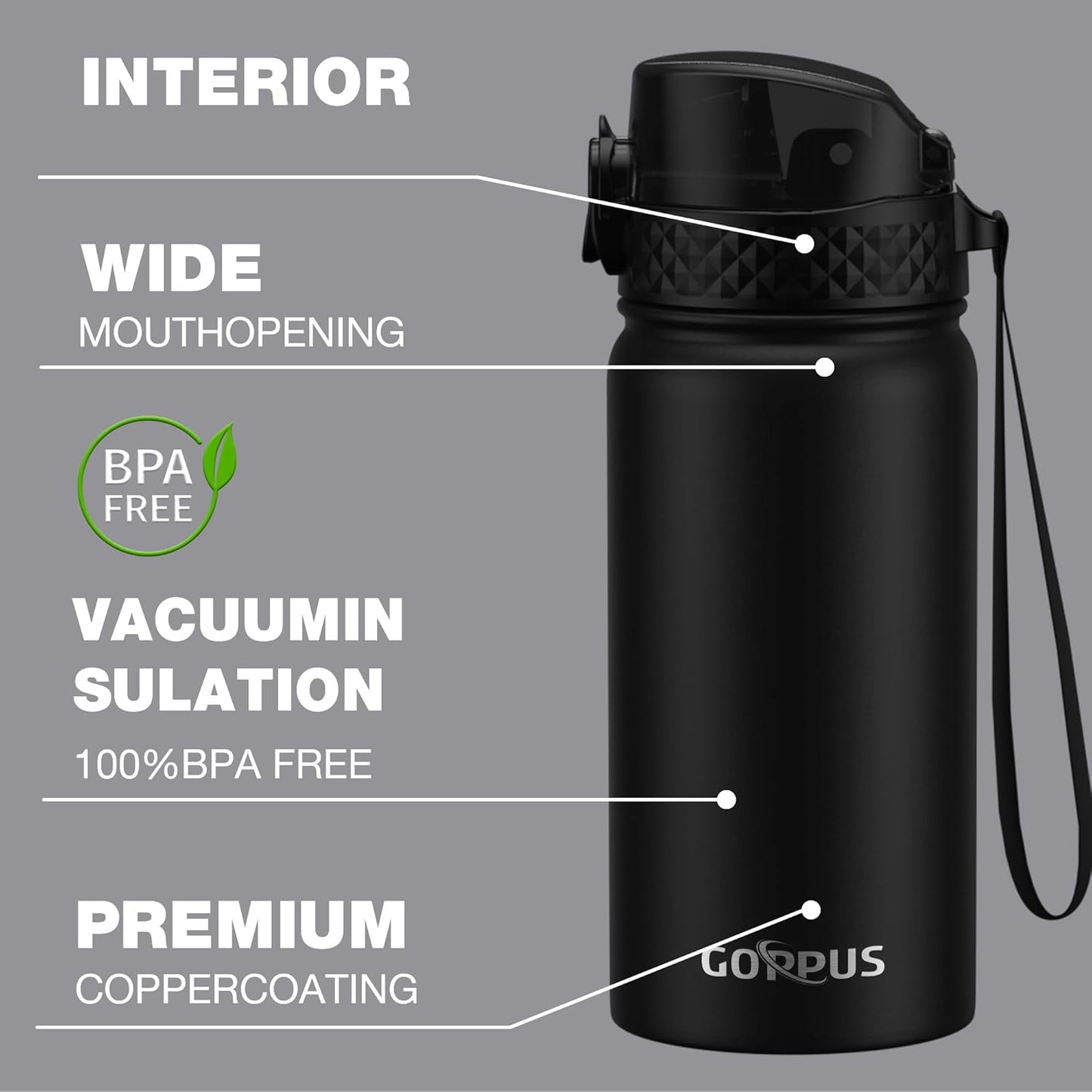 Kids Water Bottle, GOPPUS 14 Oz Stainless Steel Travel Bottle, Double Wall Vacuum Leak Proof Kids Cup for School Boys Girls, Black