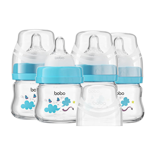YOHKOH Glass Baby Bottles with Slow Flow Nipple, Newborn Anti-Colic Baby Bottles for 0+ Months, Wide Neck Feeding Bottle, Clear (Blue, 2.7oz (Pack of 4))
