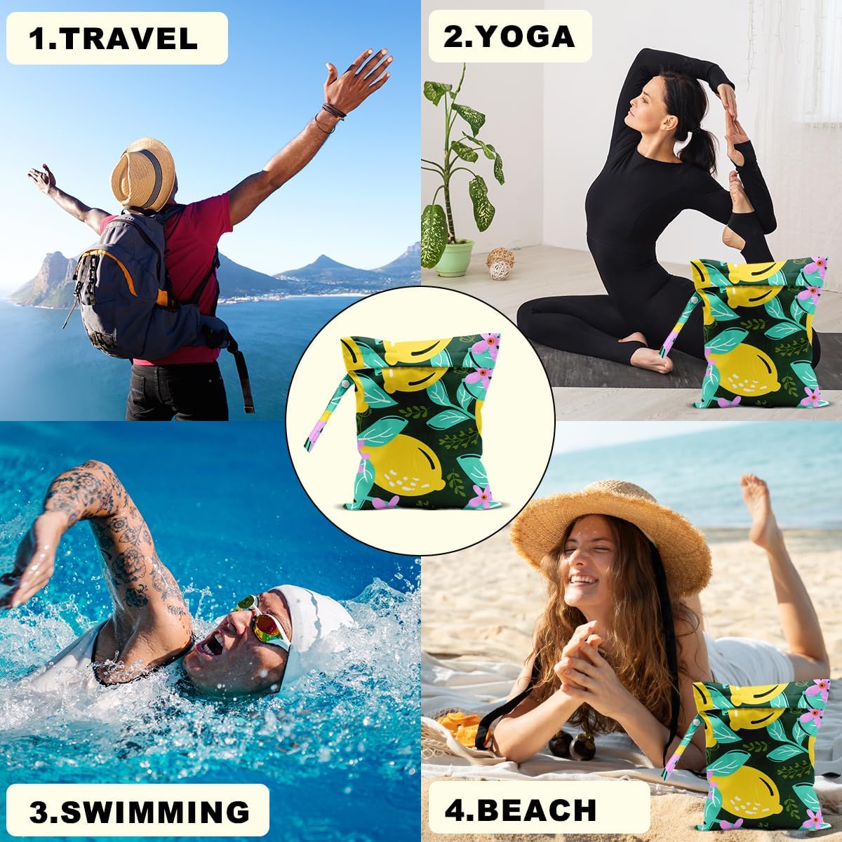 2Pcs Summer Lemon Wet Bag 12x10 Inch, Rustic Lemon Waterproof Travel Laundry Bags, Washable Reusable Wet Dry Bag for Swimsuit Beach Diapers Dirty Yoga Gym Clothes, Plant Gifts for Women Friend