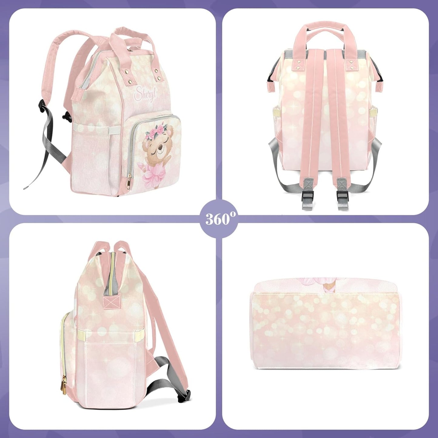 Personalized Diaper Bag for Girls Baby, Large Capacity Custom Pink Bear Diaper Bag with Name, Waterproof Girls Baby Bag Backpack with Adjustable Shoulder Straps Nappy Bag