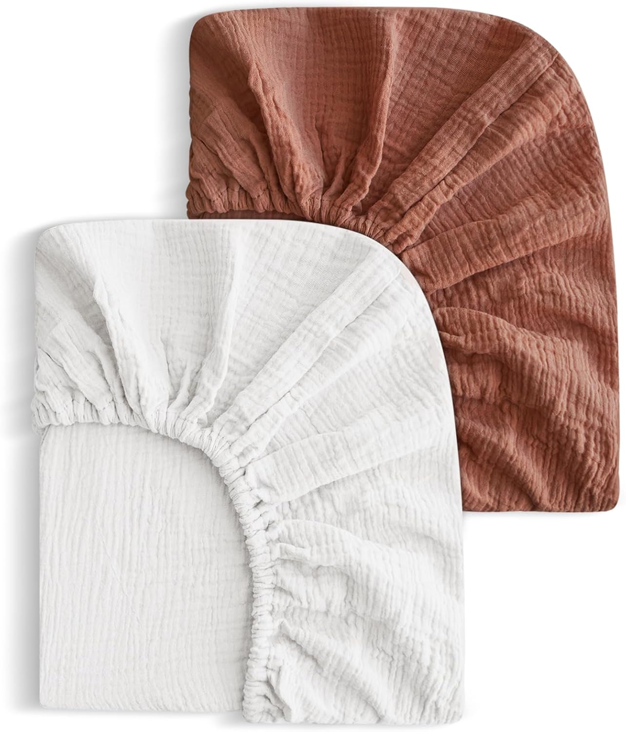 2 Pack Soft Muslin Baby Mini Crib Sheets, 100% Cotton Breathable Double Layer Fitted Sheets for Mini Crib and Pack N Play Mattresses 24x38 Inches, for Baby Girls and Boys (White & Brick