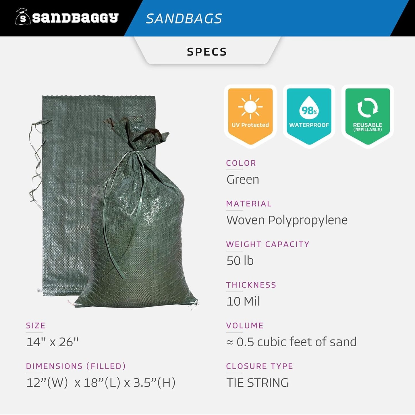 Sandbaggy - Heavy Duty Empty Sandbags For Flooding (14" X 26") - Poly Sand Bags - Flood Barrier, Weight, Construction, Earth Bag Homes - Reusable, UV Resistant - Tie Strings Attached (100 Bags)