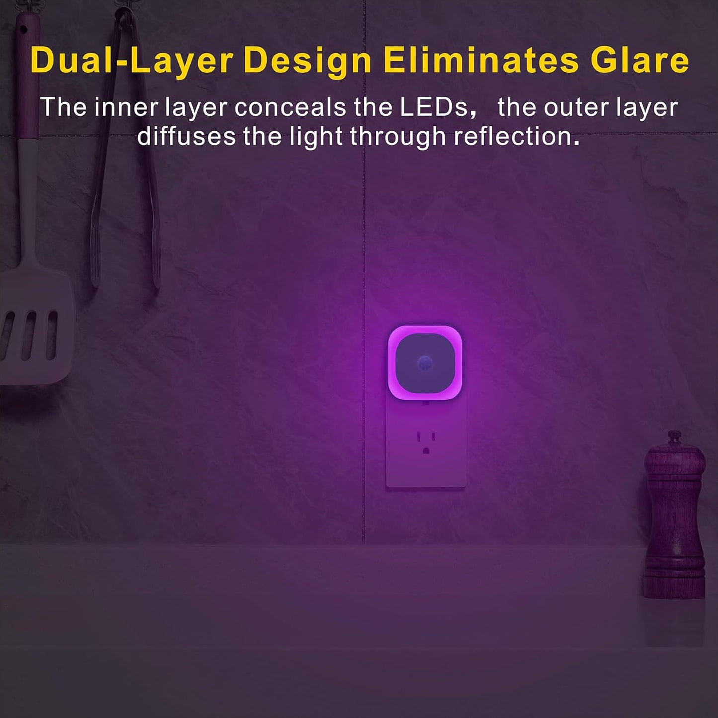 2 Pack Plug in Night Light with Motion Sensor & Dusk to Dawn Sensor, 3 Sensor Modes, Purple Night Lights Plug into Wall, Dimmable Calming Glow for Meditation, Relaxation, Bathroom, Bedroom