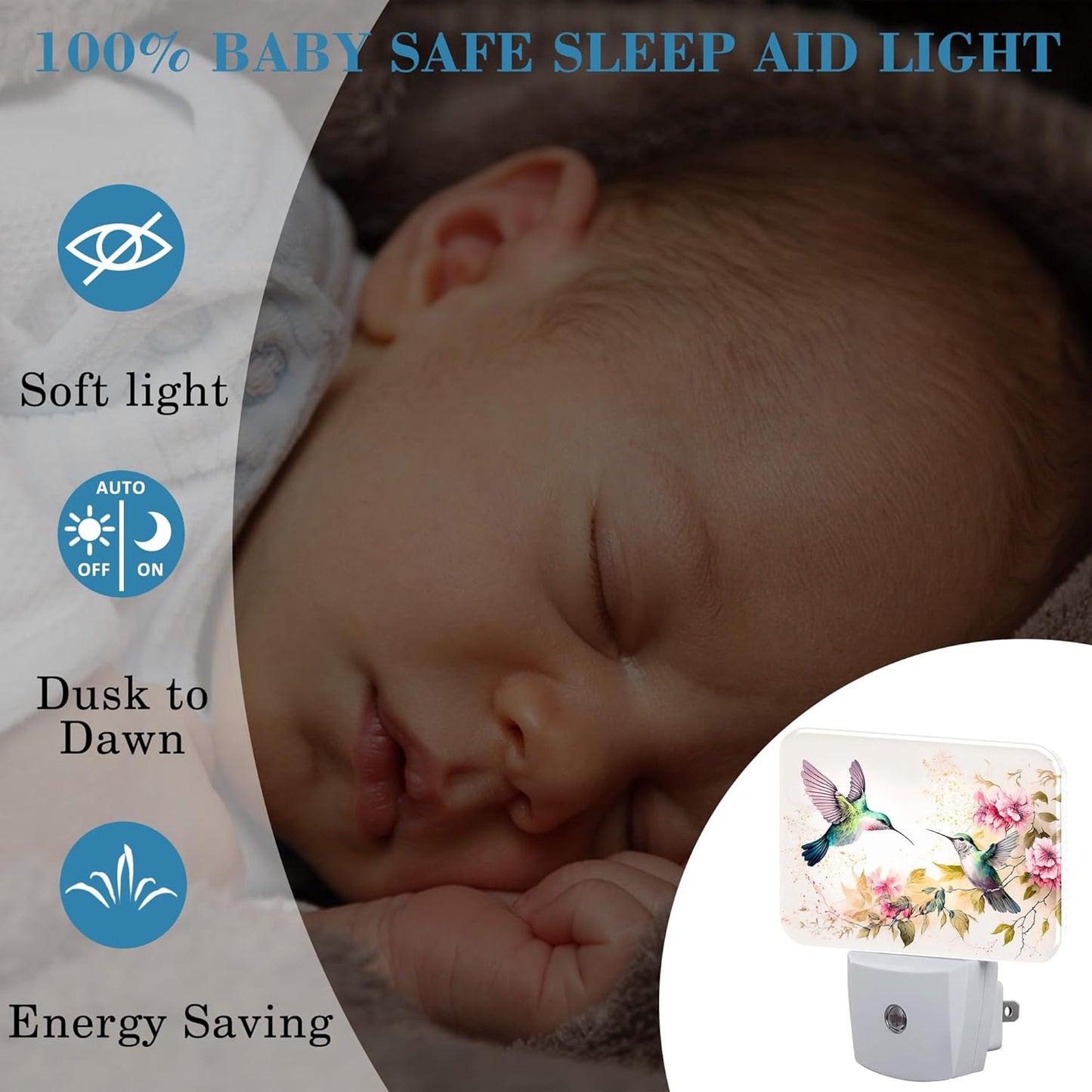 Watercolor Hummingbird Night Light, Pink Flowers Leaves Nightlight Plug into Wall with Dusk to Dawn Sensor for Kid Girls Boys Women Men Bedroom, Hallway, Kitchen, Bathroom, Stairs Decor